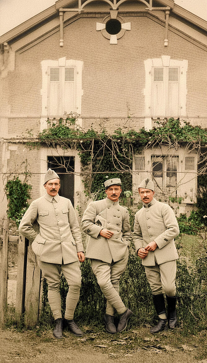 De gauche à droite: Vincent, Edouard et Armand en permission durant la Premiere Guerre mondiale, devant la maison familiale