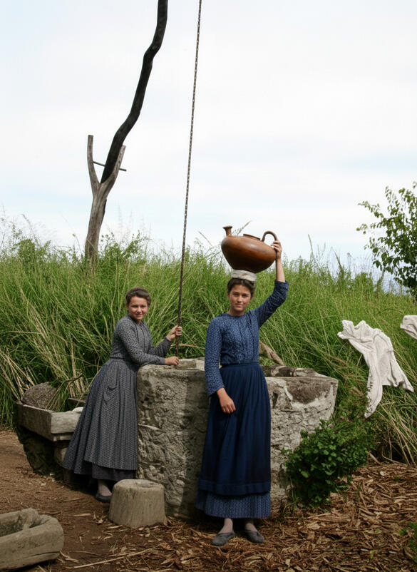 Jeunes Landaises puisant de l'eau